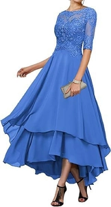 Detail of royal blue lace embroidery and asymmetrical ruffled chiffon evening dress