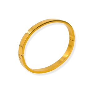 Minimalist gold oval stainless steel bracelet with buckle closure on white background