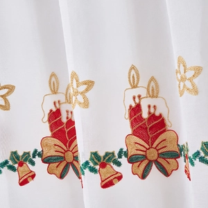 White Christmas curtain with elegant red candle and gold bell embroidery for holiday decor