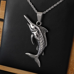 Polished stainless steel swordfish pendant necklace with silver link chain on black leather