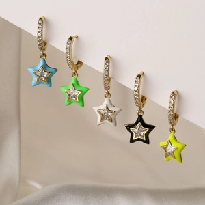 Sweet Copper Star Drip Oil Hoop Earrings For Women Colorful Rhinestone Enamel Star Shape Huggie Earrings Jewelry Gift