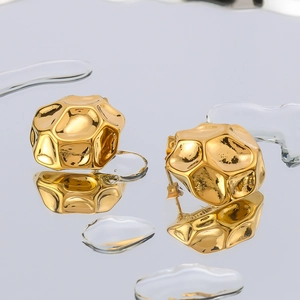 Golden honeycomb textured hollow hoop earrings with polished geometric facets and water drops
