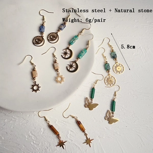 18K gold plated stainless steel drop earrings with natural stone and sun motifs
