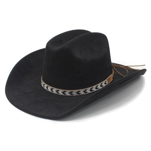 Western Cowboy Hat Suede Wide Brim Retro Ethnic Geometric Pattern Band Adjustable Outdoor Sun Hat For Men Women