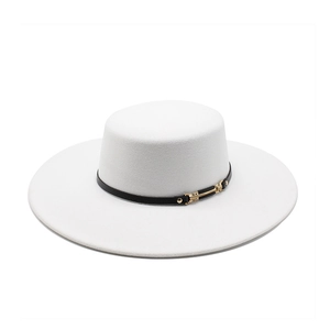 French Style Flat Top Boater Hat Women Elegant Woolen Fedora With PU Belt Metal Buckle Wide Brim Autumn Winter Hat