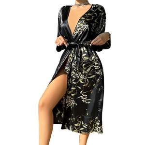 Floral black satin long robe with V-neck design and high slit style for women