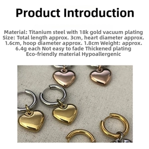Vue détaillée des créoles coeur plaquées or 18 carats avec dimensions et mesures