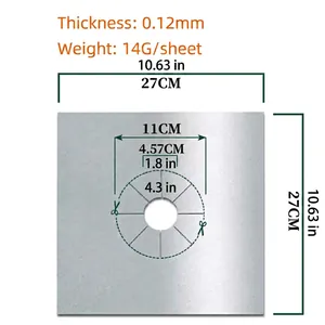 Detailed size chart for 0.12mm thick silver gas stove protector showing trim-to-fit dimensions
