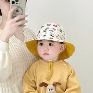 Toddler cartoon printed bucket hat with adjustable chin strap for kids and babies