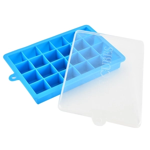 Blue 24-grid silicone ice cube tray with transparent lid for DIY square ice blocks