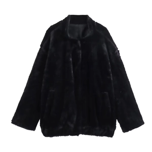Faux Fur Flight Jacket Women Solid Black Lapel Loose Fit Zipper Warm Winter Outerwear Casual Streetwear Coat