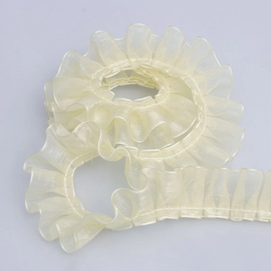 Beige 2.5cm ruffled organza ribbon with elegant lace edges for DIY crafts and accessories