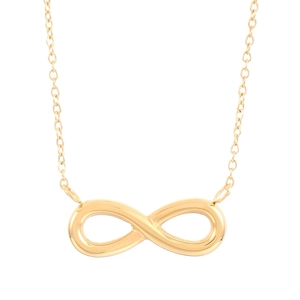 Gold infinity symbol pendant necklace with dainty chain on white background