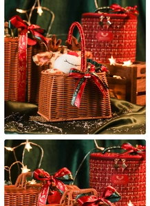 Close-up of woven Christmas gift baskets with plush reindeer and festive red ribbons