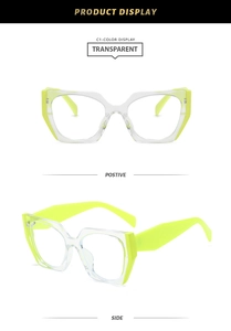 Fashionable square frame glasses in transparent front and neon green temples detail view