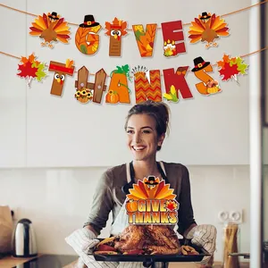 Fall Thanksgiving party decoration set with turkey maple leaf banner and cake toppers
