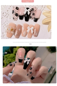 Detail view of 3D resin bowknot charms on black, white and pink glitter press-on nails