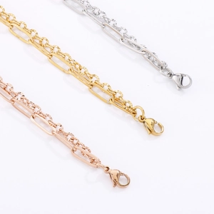Detailed view of double-layer paperclip chains in rose gold, gold, and silver steel