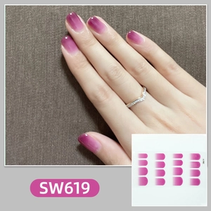 Close-up of SW619 gradient nail stickers showing purple to pink transition on hands