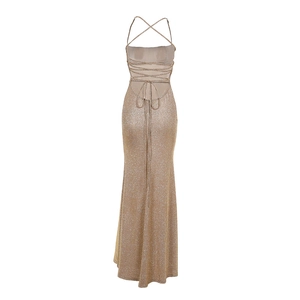 Detail view of champagne gold sequin evening gown with cross-back tie design