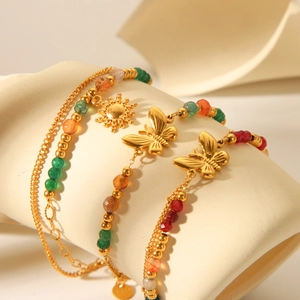 18K gold-plated stainless steel layered bracelet with sun pendant and colorful beads