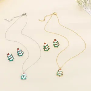 Collier Arbre De Noël Et Boucles D'oreilles Acier Inoxydable Émail Dessin Animé Mignon Mode Fête Hiver Bijoux Cadeau