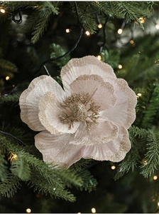 Detail of 18cm champagne fabric magnolia flower with glitter on a decorated Christmas tree