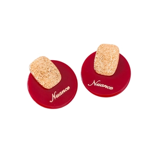 French vintage red acetate round earrings with gold plated metallic textured accents