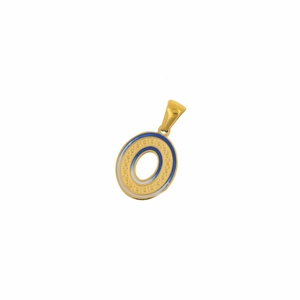 Macro detail of gold plated letter O pendant with blue and white enamel inlay