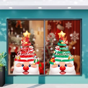 Christmas window decals with Santa Claus and festive trees for holiday glass decoration