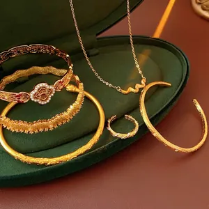 Retro Gold Plated Copper Jewelry Set Sand Gold Brushed Star Rhinestone Cuff Bracelet Necklace Ring For Women