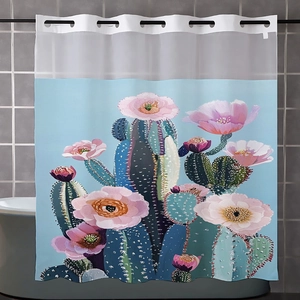 Detail of blue cactus shower curtain with translucent mesh top and floral pattern