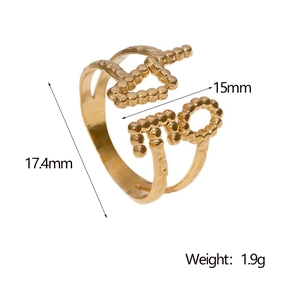 Detail view of gold stainless steel LOVE ring with 17.4mm height and 1.9g weight specs