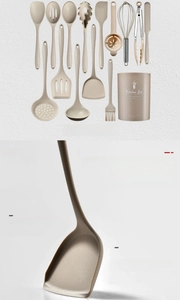 Close-up of food-grade silicone spatula from a 15-piece cream-colored kitchen utensil set