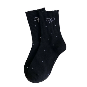 Japanese style black crew socks with white polka dots, lace ruffles and bow embroidery