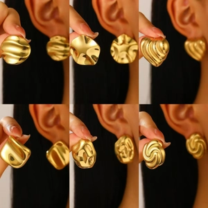 Vintage Stainless Steel Earrings 18K Gold Plated Irregular Geometric Swirl Textured Stud Jewelry For Women Retro Style