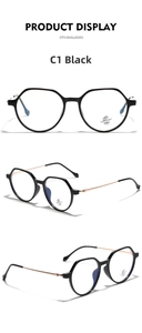 Three views of black polygon TR90 glasses frames with rose gold metal temples