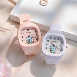 Cute square silicone quartz watch with elephant pattern for kids, pink and white versions