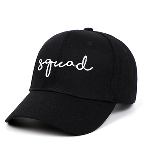 Black cotton baseball cap with white squad embroidery, minimalist American style hat