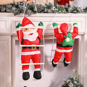 Santa Claus climbing white ladder hanging ornament with green gift bag for Christmas decor