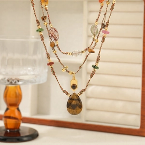 Multilayer bohemian tiger eye stone necklace with drop pendant and mixed beaded rope
