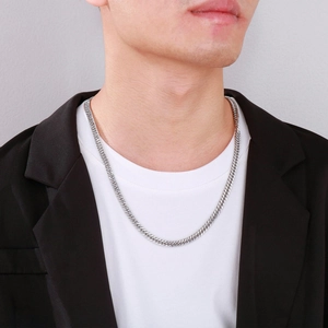 Classic silver stainless steel Cuban link chain necklace for men shown on a neck model