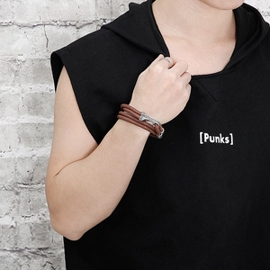 Men's brown braided leather wrap bracelet with textured stainless steel buckle