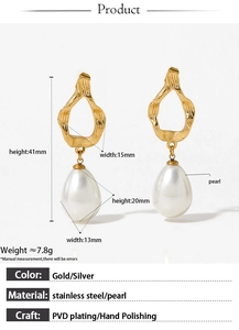 Detail view of gold stainless steel earrings with pearl pendants and size measurements