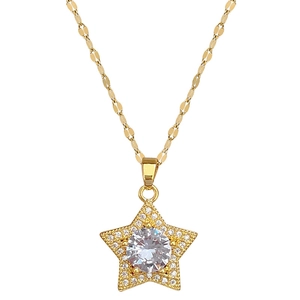 Elegant gold titanium steel star pendant necklace featuring a central zircon and small crystals