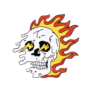 Detailed view of punk gothic skull brooch with yellow lightning eyes and vibrant flames