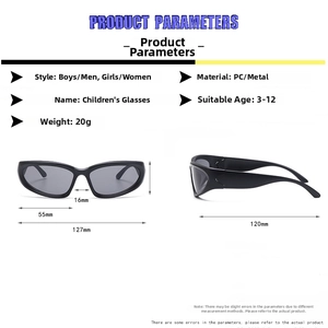 Detailed view of kids sports sunglasses with dimensions and lightweight PC frame specs