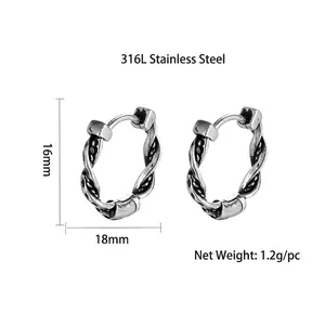Vintage 316L stainless steel rope twist hoop earrings for men and women 16mm