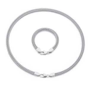 Minimalist silver stainless steel flat snake chain necklace and bracelet set on white