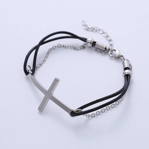 Minimalist Mobius loop silver cross bracelet with black hand-woven rope and adjustable clasp